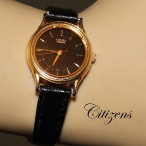 Womens Citizen Watch Gold Black Face Leather Band